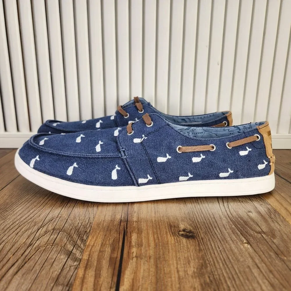 Toms Oceana Whale Print Boat Shoes Men's 12 Blue Canvas Casual Comfort Dockside